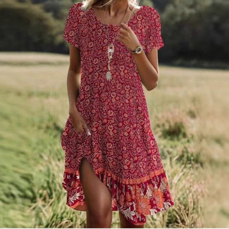 Summer Artistic Ethnic Style Scoop Mid-length Dress