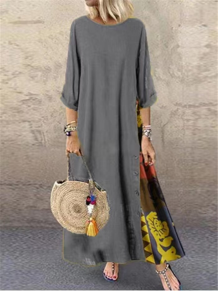 Floral Round Neck Contrast Color Button Dress
