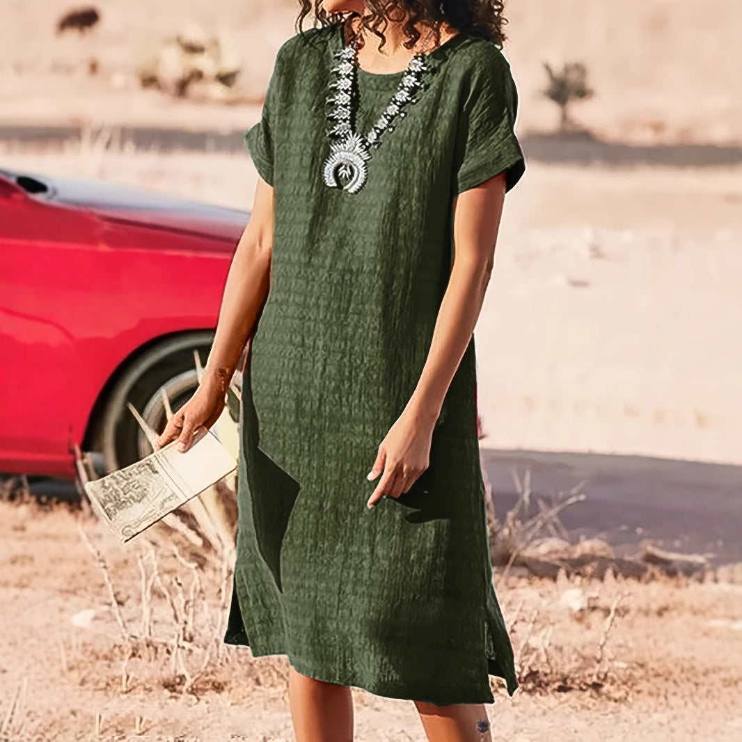 Women's Short-sleeved Casual Round Neck Side Slit Dress