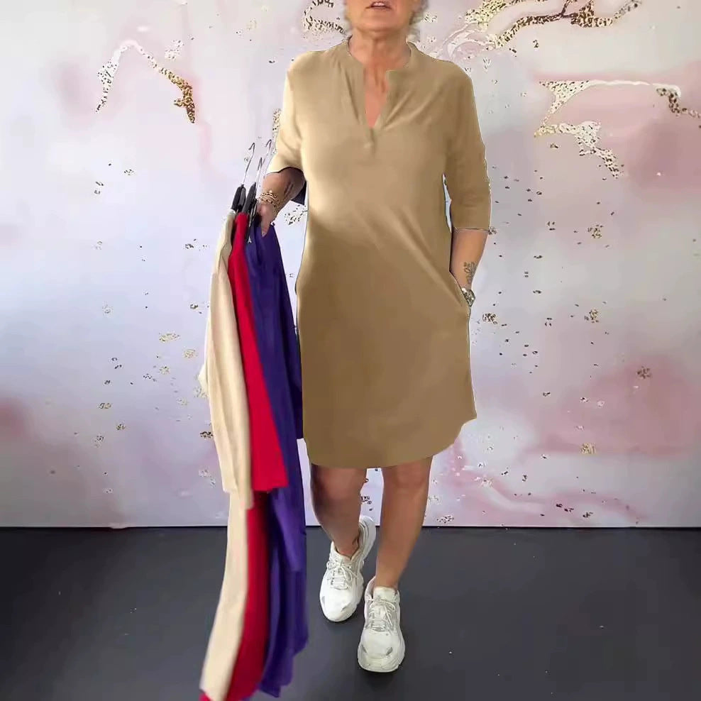 Women's Summer Fashion Solid Color Three-quarter Sleeve Dress