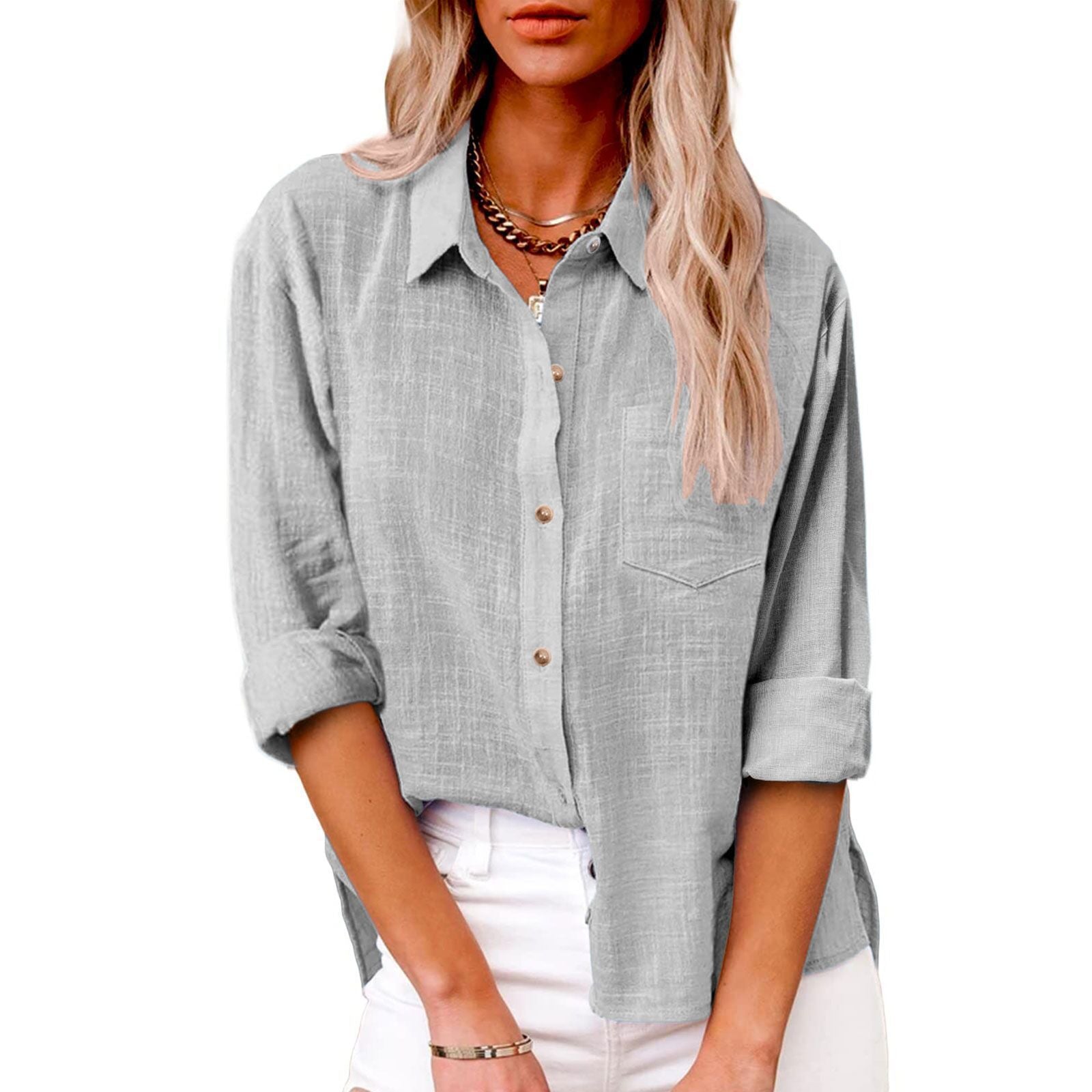 Women's Solid Colored Lapel Button Long-sleeved Cotton Linen Blouse