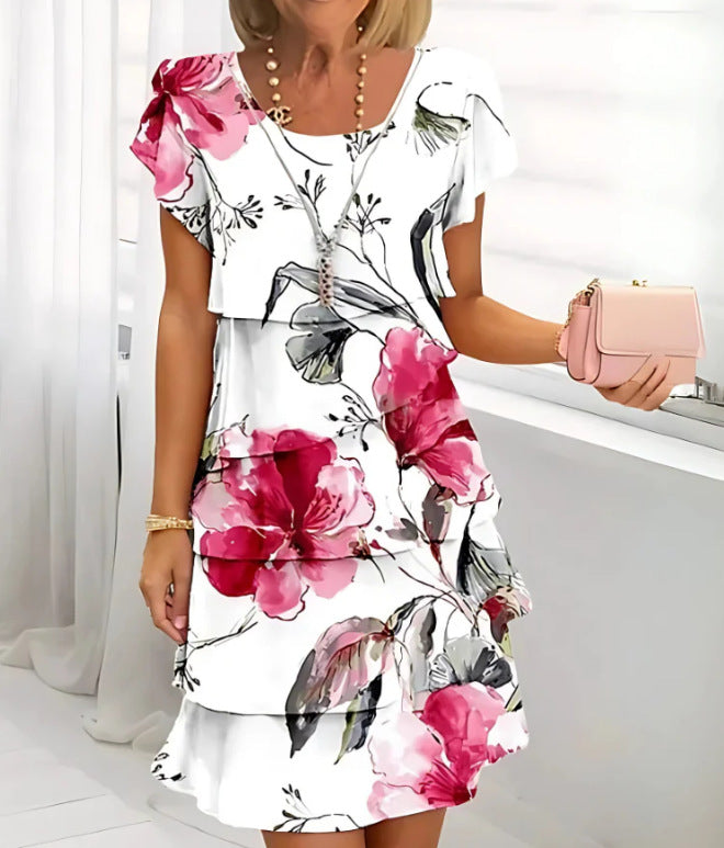 Sleeve Round Neck Printed Series Light Luxury Dress