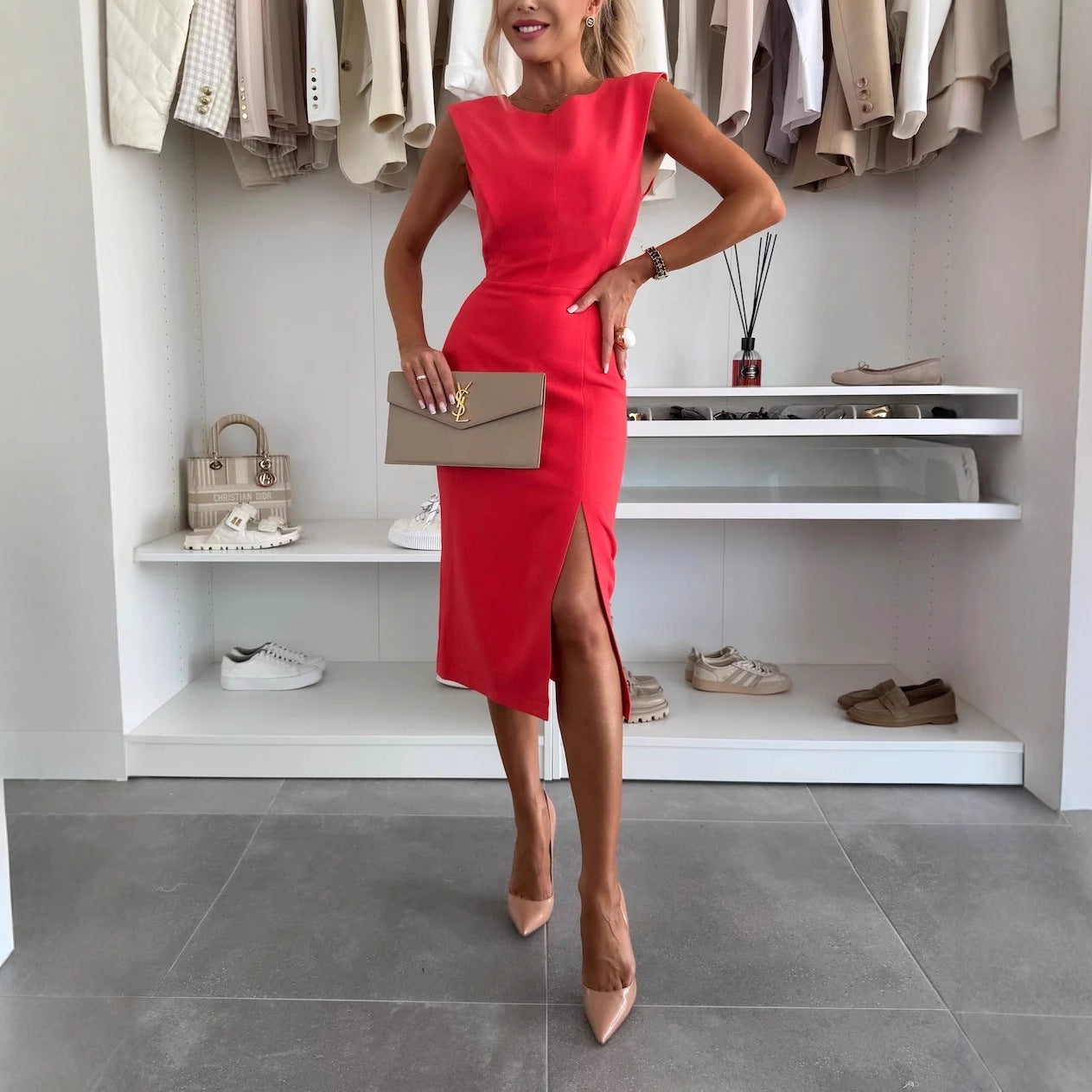 Women's Round Neck Elegant Split Solid Color Dress