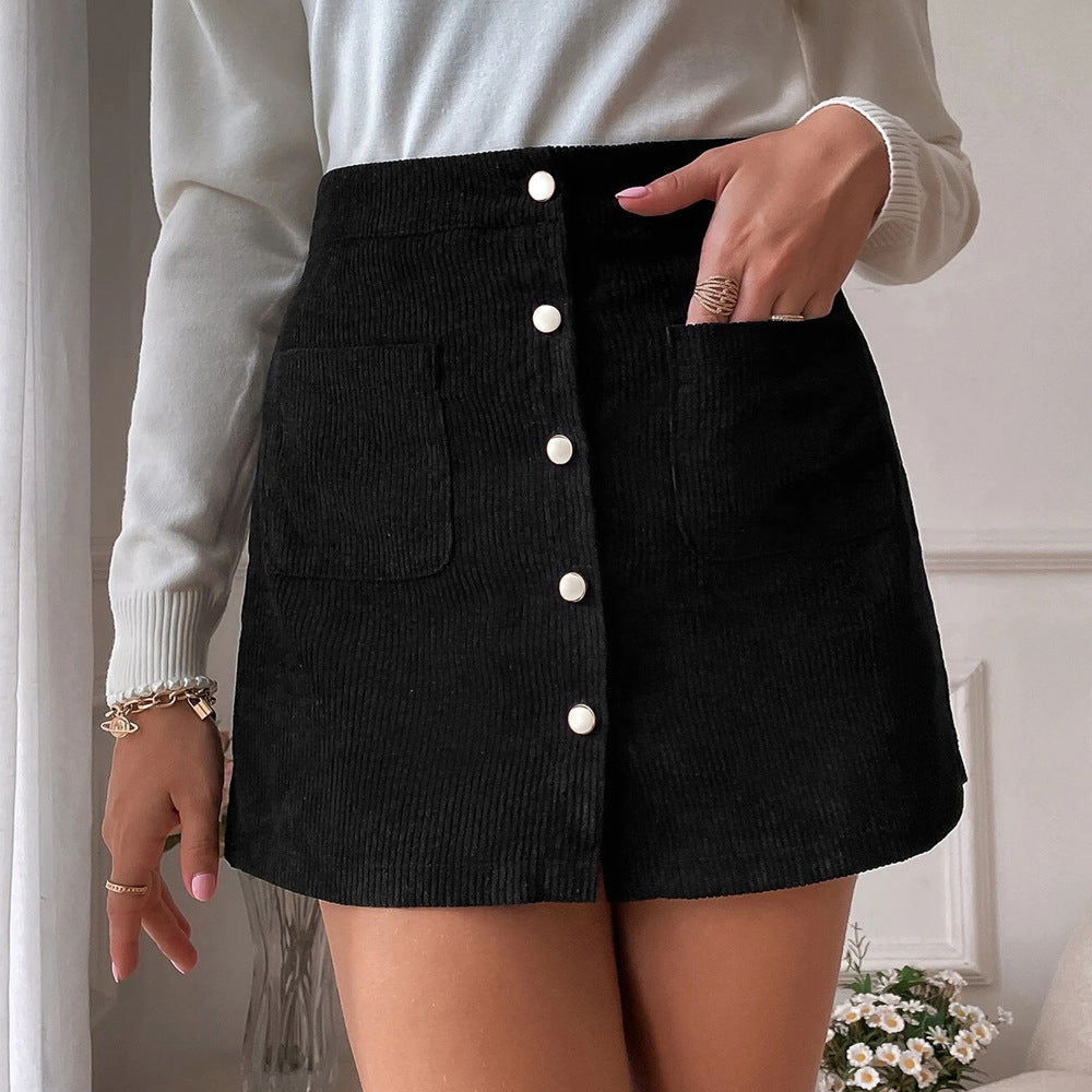 Women's Corduroy Sheath Single-breasted Slim Fit Solid Skirt