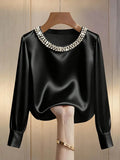 Women's Style High-grade Pearl Round Neck Satin Shirt Tops