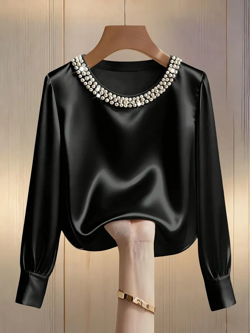 Women's Style High-grade Pearl Round Neck Satin Shirt Tops