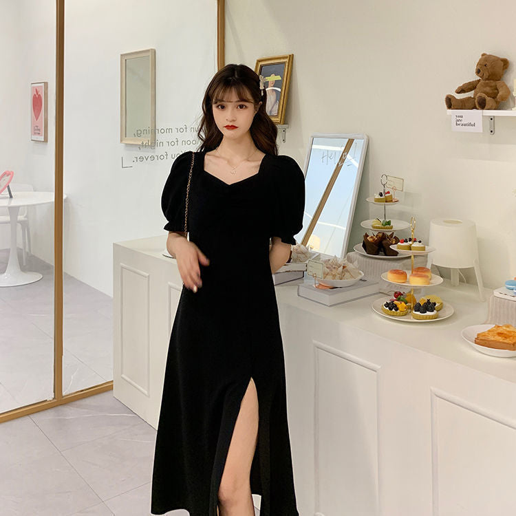 Large Slimming For Fat Temperament Square Collar Tight Waist Dress