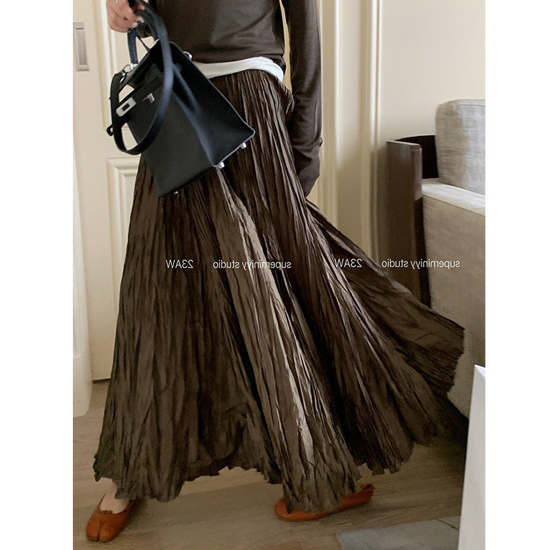 Women's Irregular Pleated A- Line Large Hem Umbrella Elastic High Waist Skirt