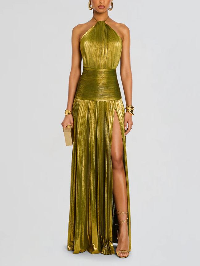 Women's Metallic Pleated Split Halter Sleeveless Backless Dress