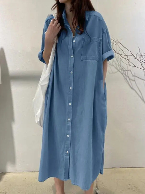 Slouchy Glamorous Denim Long Collar Casual Dress