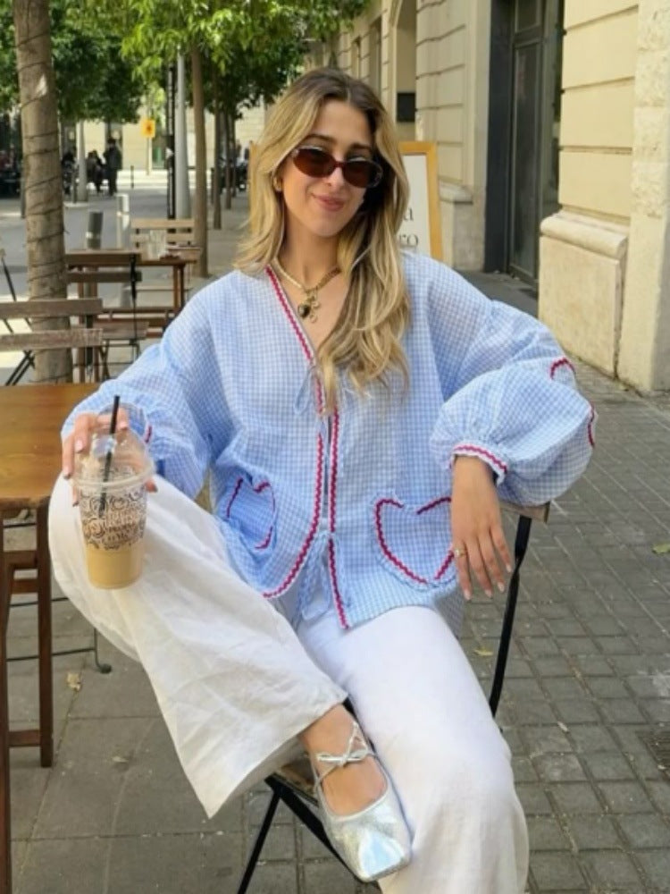 Lantern Sleeve Love Plaid Shirt French Design Blouse