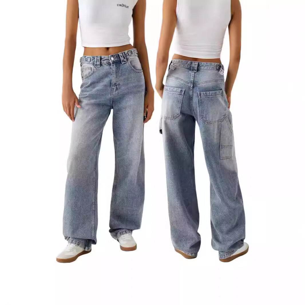 Women's Washed Loose Street High Waist Wide Jeans