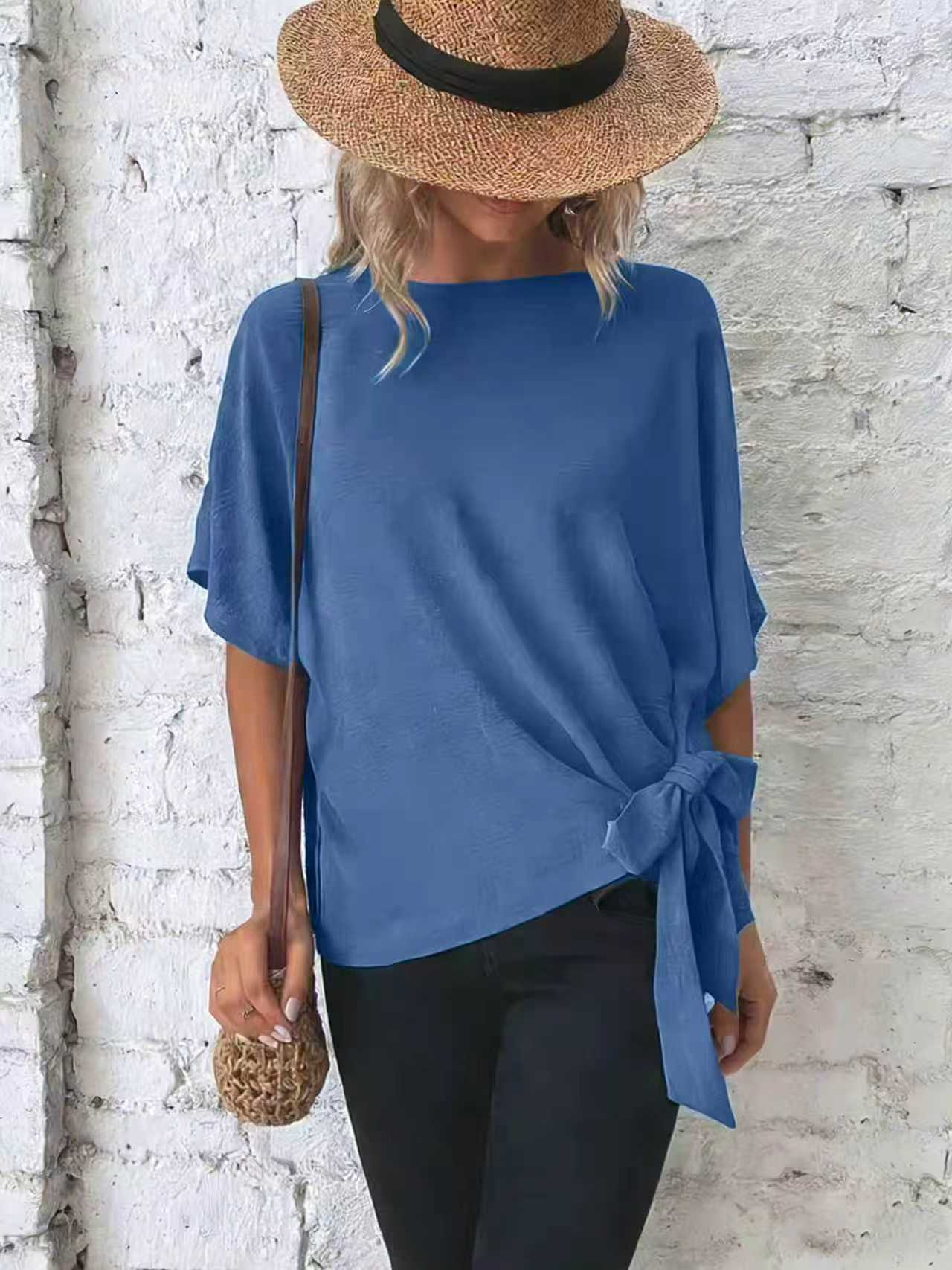 Women's Summer Solid Color Batwing Sleeve Knotted Women's T-shirt
