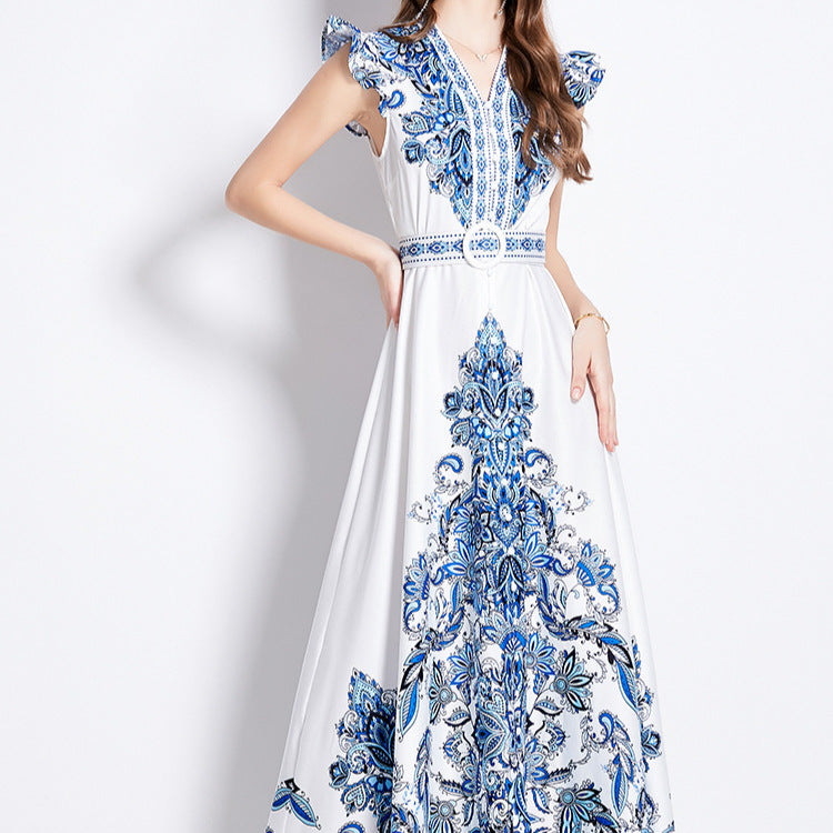 Retro Court High-grade Printed Lantern Sleeve Waist Slimming Elegant Dress