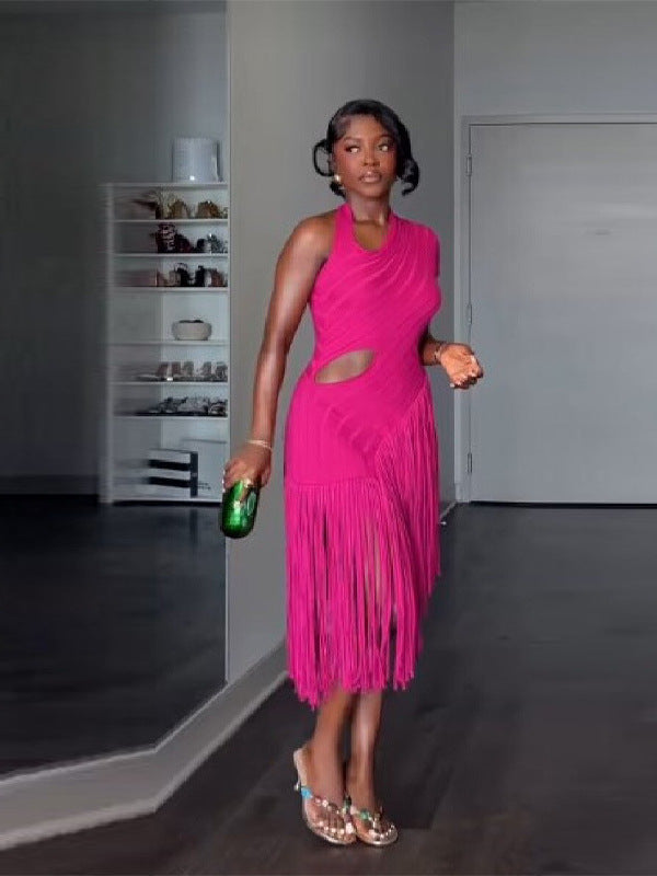 Women's Summer Design Stitching Shoulder Solid Color Sexy Knitted Dress