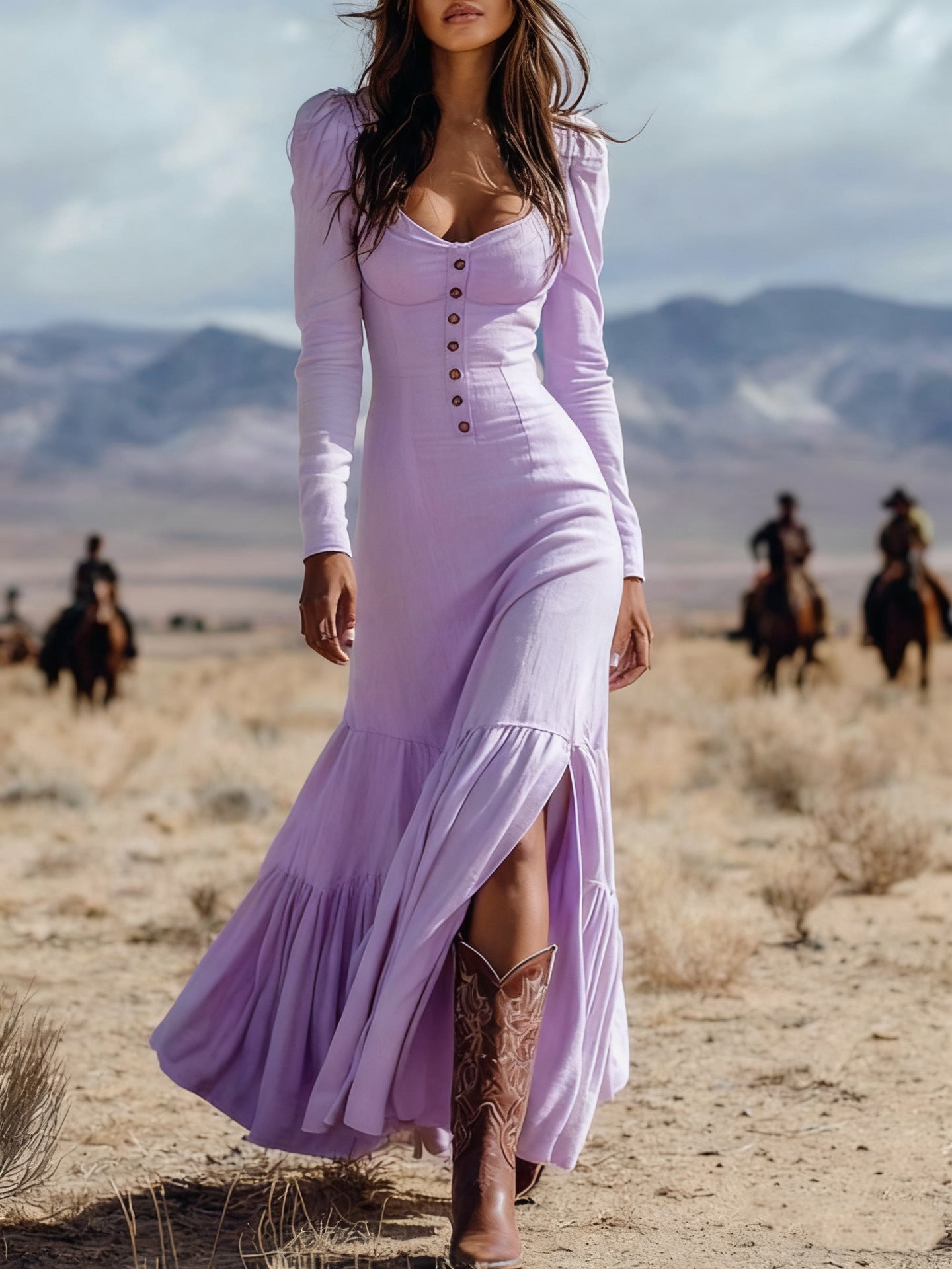 Vintage Western Style Button Pleated Long Dress