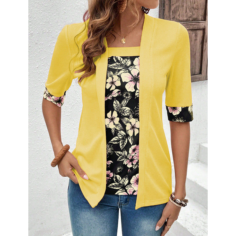 Women's Summer Fake Two-piece Sleeve Printed T-shirt Blouse