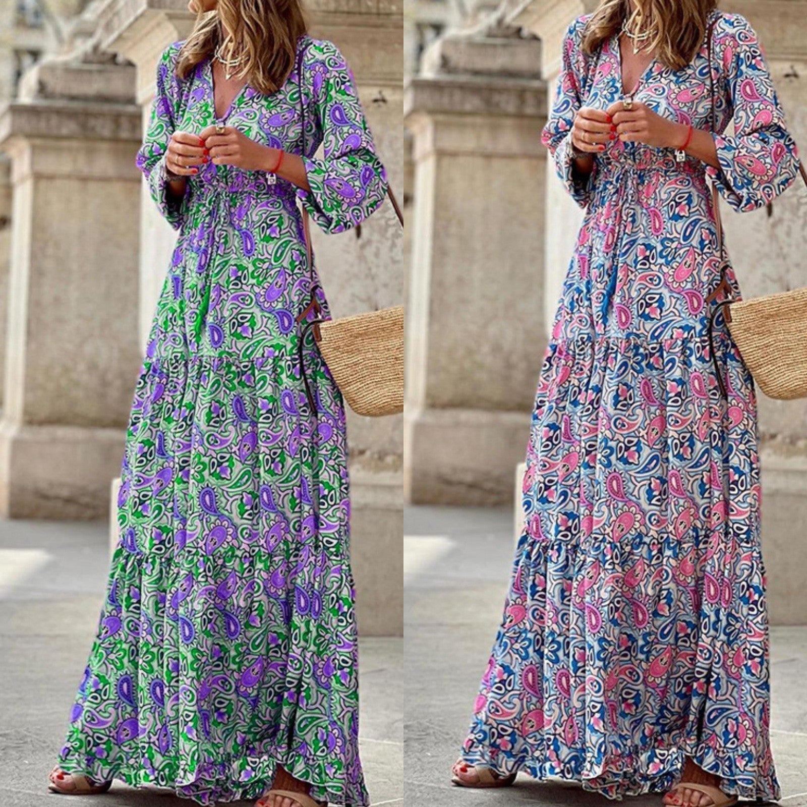 Women's Spring Elegant Bohemian Printed Large Swing Dress