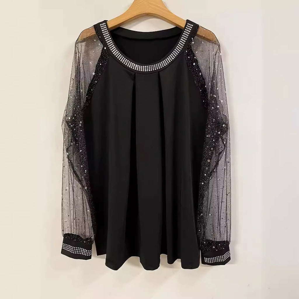 Cool Glamorous Rhinestone Sleeve Mesh Highlight Tops