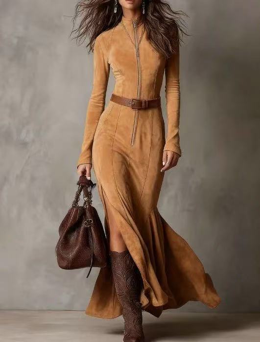 High Quality Suede Autumn Fashion Elegant Graceful Zipped Stand Collar Dress