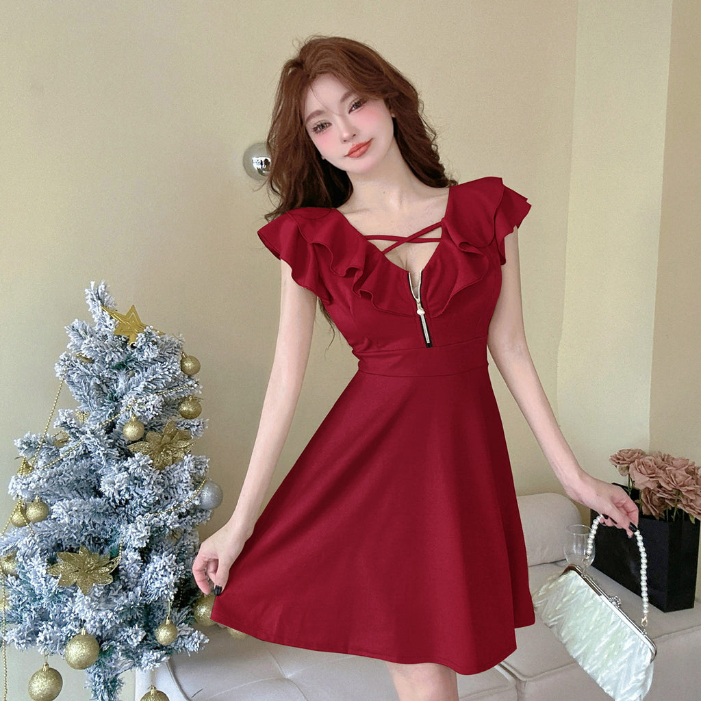 Cut Zipper Decorations Swing Slimming Front Dress