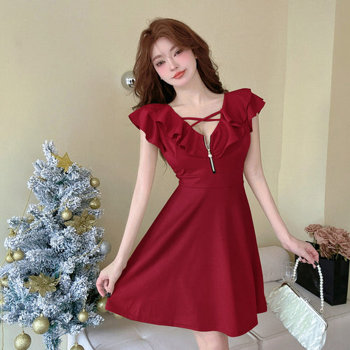 Cut Zipper Decorations Swing Slimming Front Dress