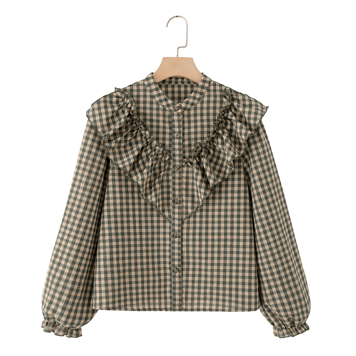 Spring Cotton Long-sleeved Plaid Laminated Decoration Blouse