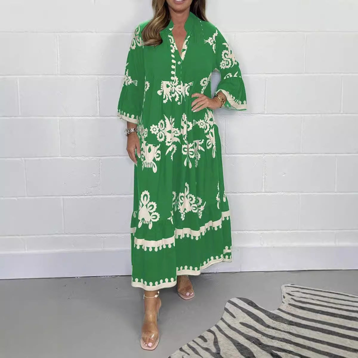 Women's Elegant Print Stand-up Collar Cinched Dress