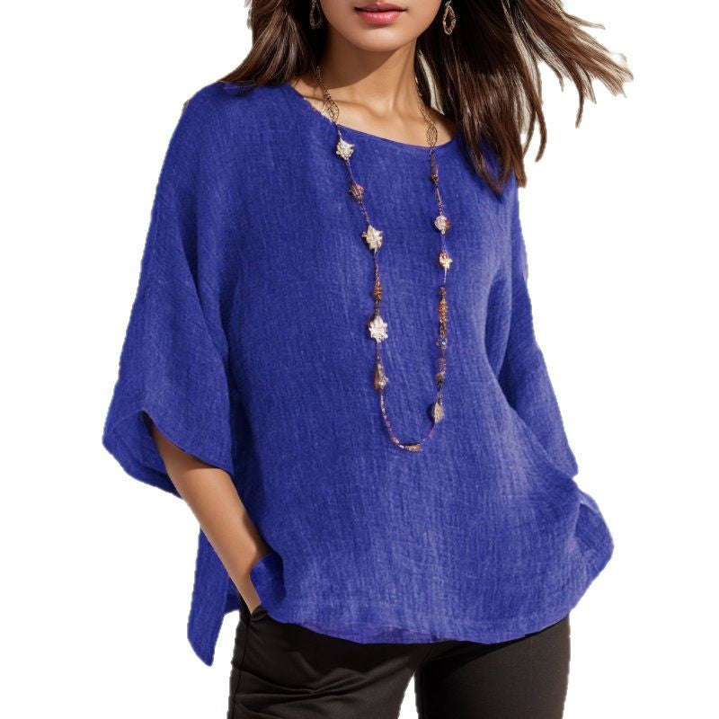 Women's Retro Shirt Three-quarter Sleeve Round Neck Cotton Blouse