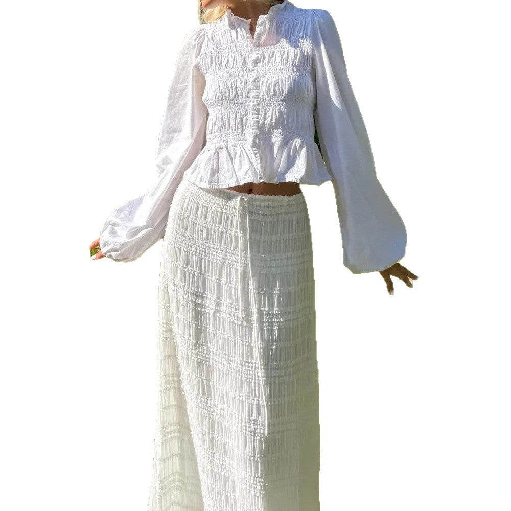 Women's Pure Color Casual Versatile Button Shirt Puff Blouse