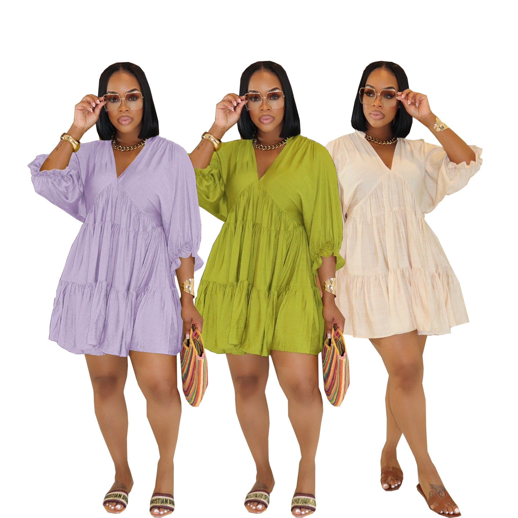Women's Color Casual Loose Waist Sleeve Large Hem Shorts