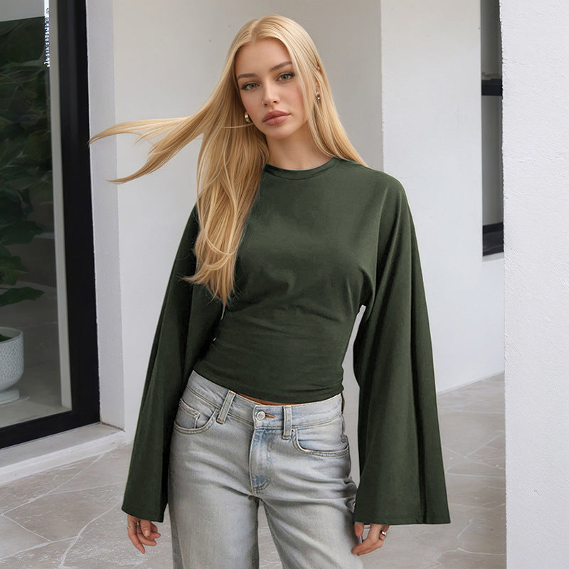 Women's Solid Color Round Neck Shoulder Across Sleeve Women's T-shirt
