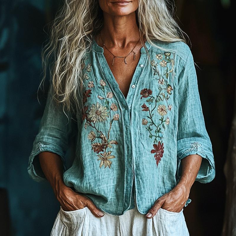 Lake Blue Imitation Embroidery Long Sleeve Blouse