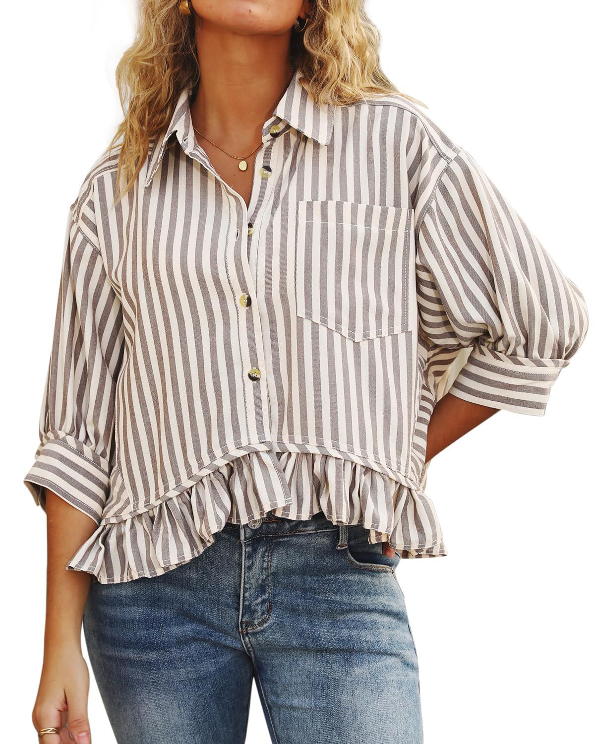 Women's Commuter Striped Lace Hem Loose Shirt Half Blouse