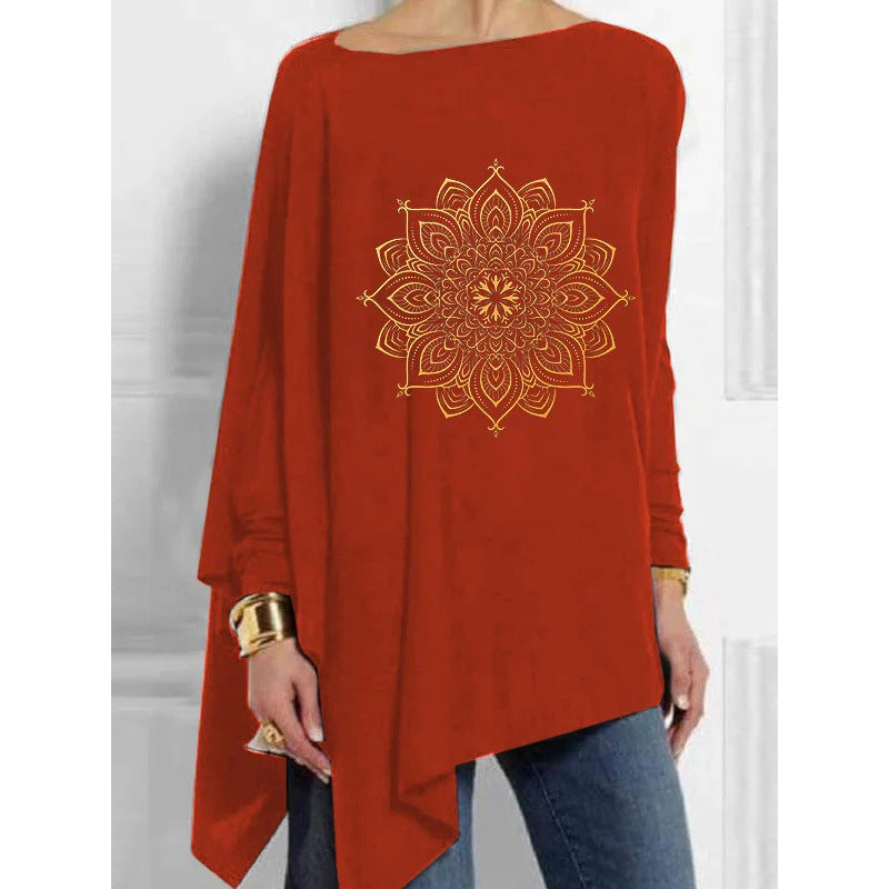 Autumn Irregular Hem Loose Casual Print Batwing Sleeve Bottoming Women's T-shirt