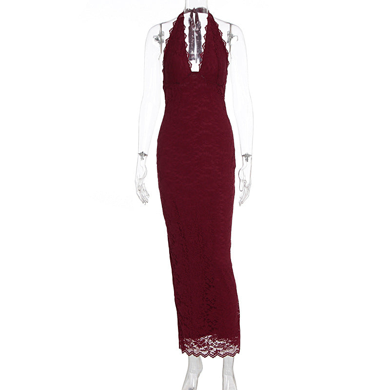 Women's Summer Sexy Fashion Halter Lace Split Slim Dress