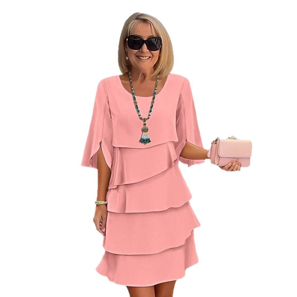 Women's Fashion Solid Color Round Neck Cake Dress