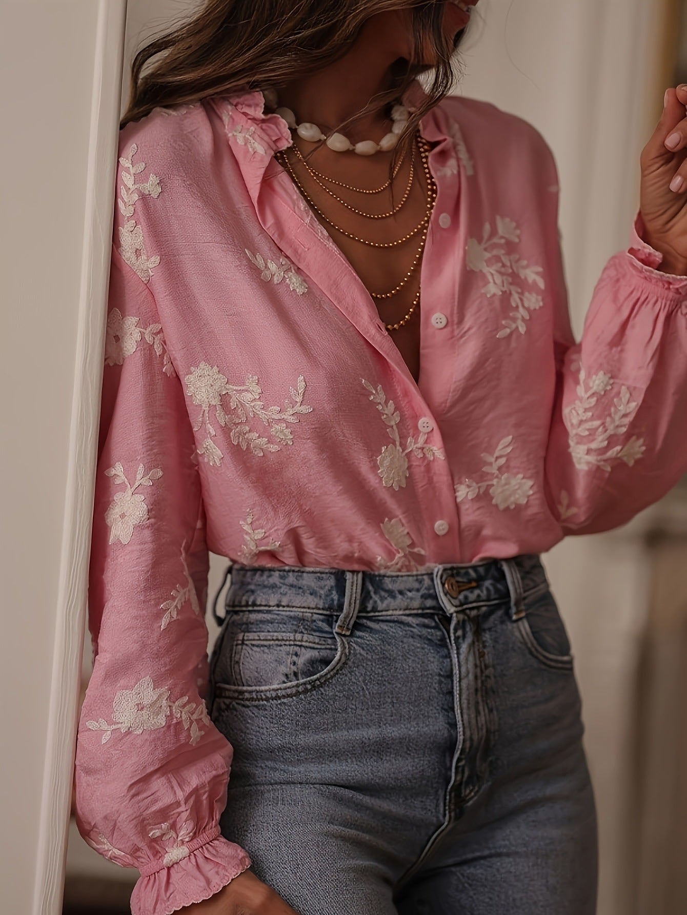 Women's Shirt Long-sleeved Embroidered Western Style Chiffon Blouses