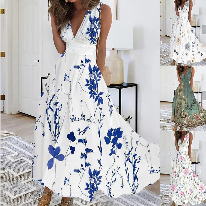 Women's Summer High Waist Sleeveless Printed Sexy Dress