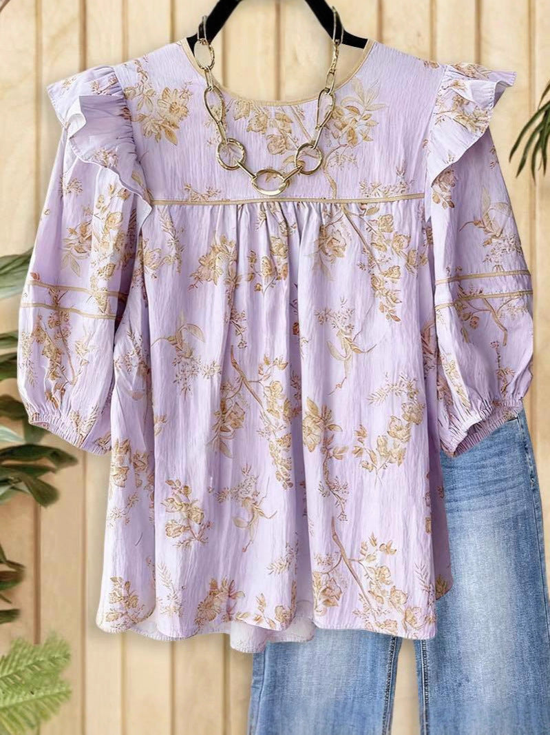 Printing Color Contrast Retro Loose Stitching Long Sleeve Shirt Blouse