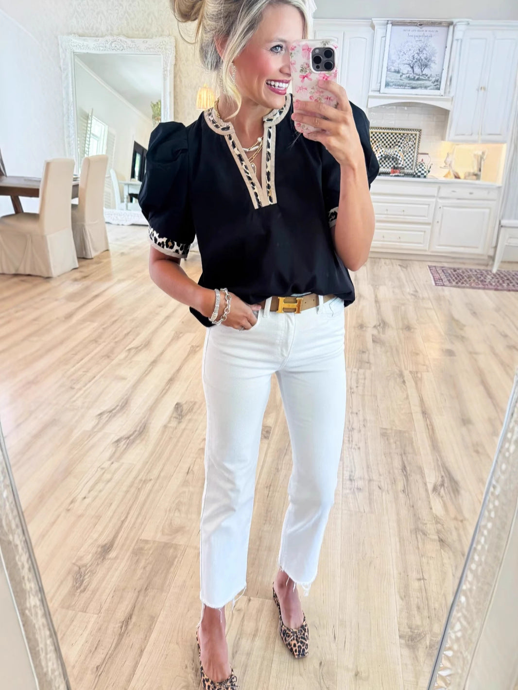 Pullover Leopard Print Contrast Color Puff Sleeve Fashionable Elegant Blouse