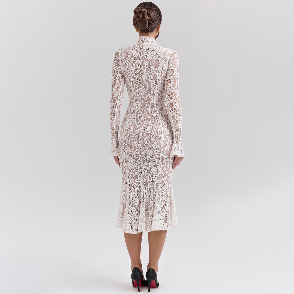 Fashion Lace Long Sleeve Mid-length Sexy Slim Fishtail Dress