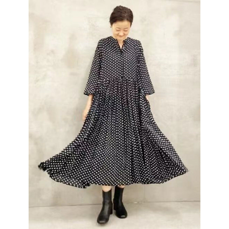 Loose Mid-length Black Round Neck Pleated Sleeve White Polka Dot Dress