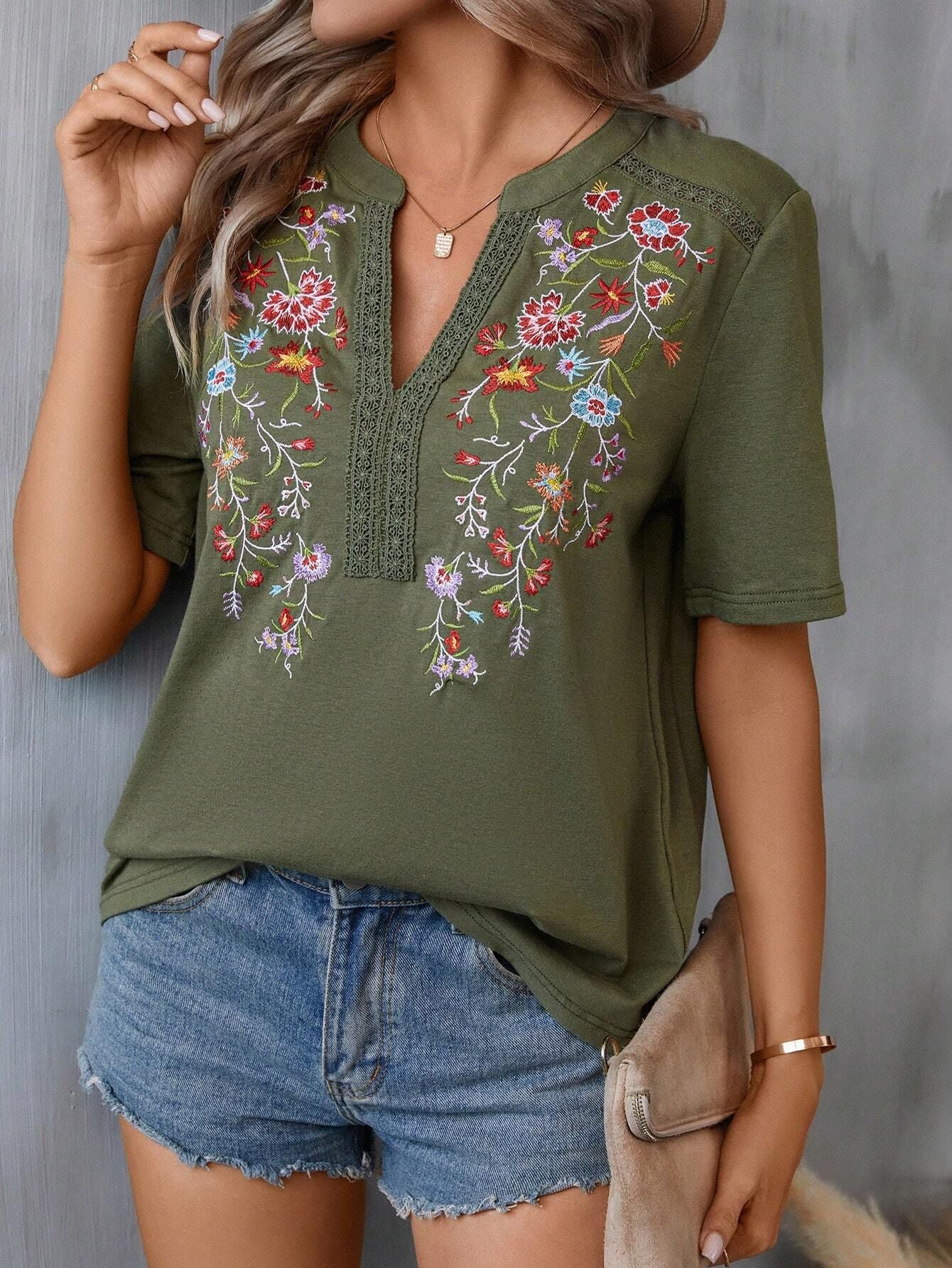 Women's Summer Fashion Ten Thousand Needles Embroidery Stitching Blouses