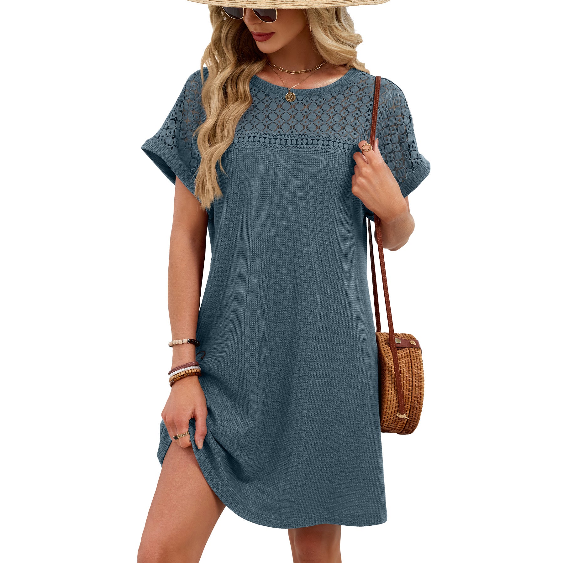 Solid Color Round Neck Lace Stitching Loose Dress