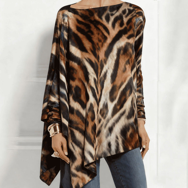 Autumn Irregular Hem Loose Casual Print Batwing Sleeve Bottoming Women's T-shirt