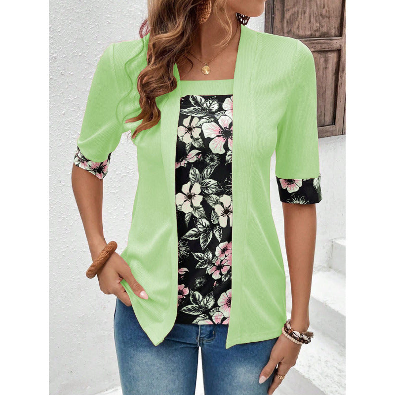 Women's Summer Fake Two-piece Sleeve Printed T-shirt Blouse