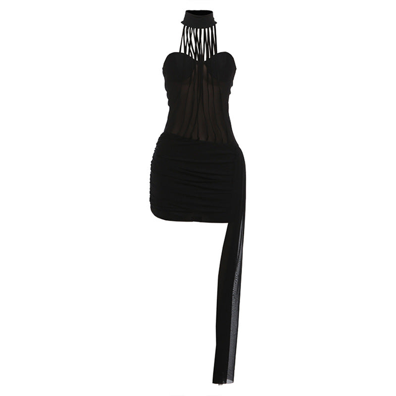 Women's Sexy Mesh Stitching Slim Backless Halter Dress