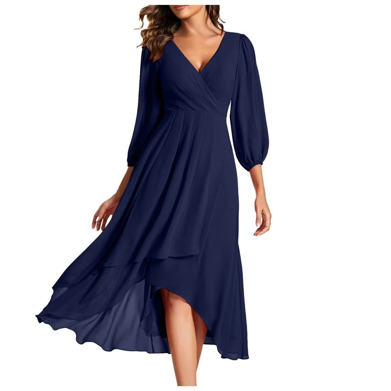 Women's Solid Color Sleeve Tight Waist Slim Bridesmaid Dress