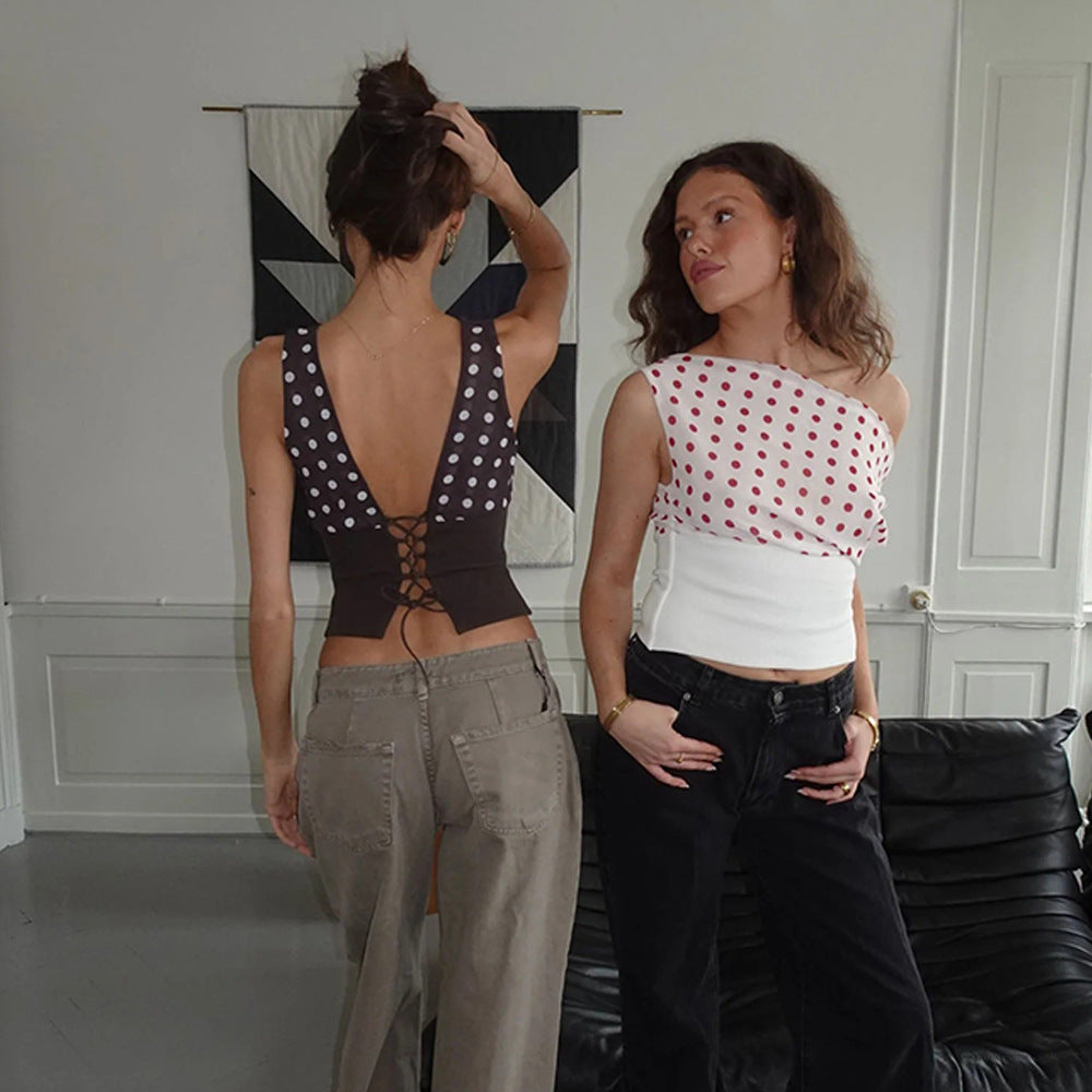 Polka Dot Hot Sexy Slim Fit Backless Drawstring Women's T-shirt